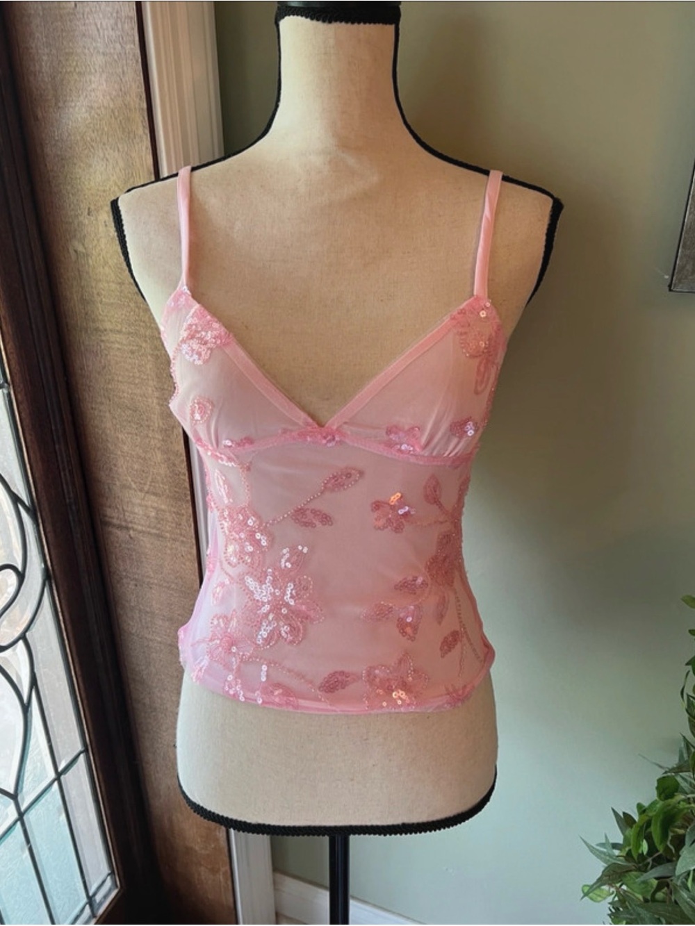 Sheer Pink Sequin Floral Cami